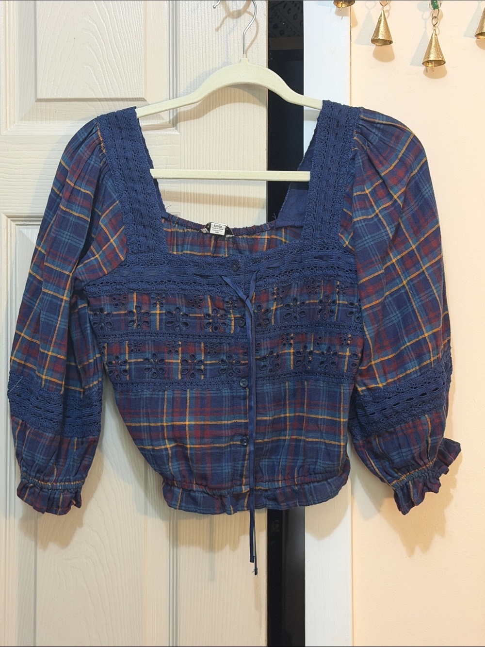 American Eagle Outfitters Navy Plaid Lace-Trim Peasant Top